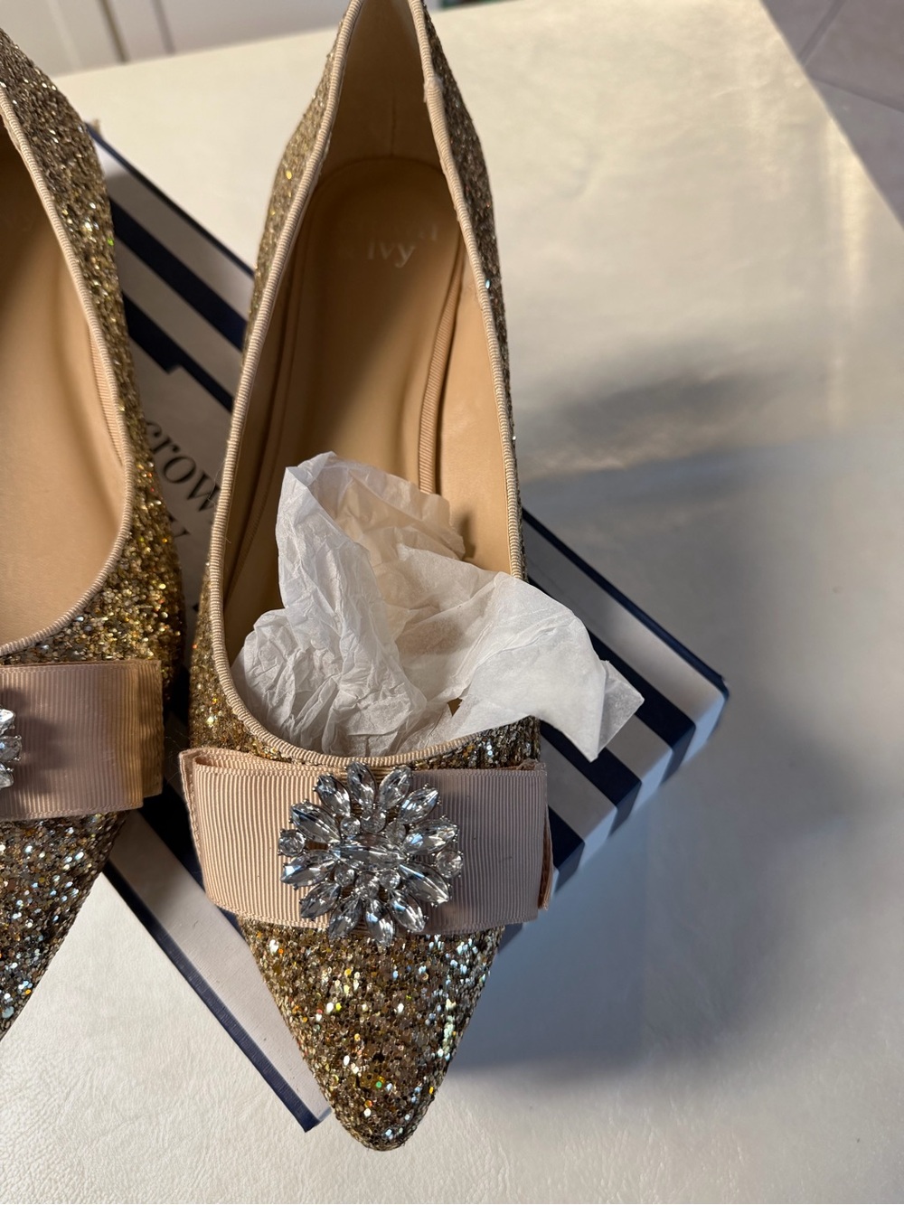 Crown and Ivy Gold Glitter Pointed Flats with Bow and Crystal Brooch - Picture 3 of 9